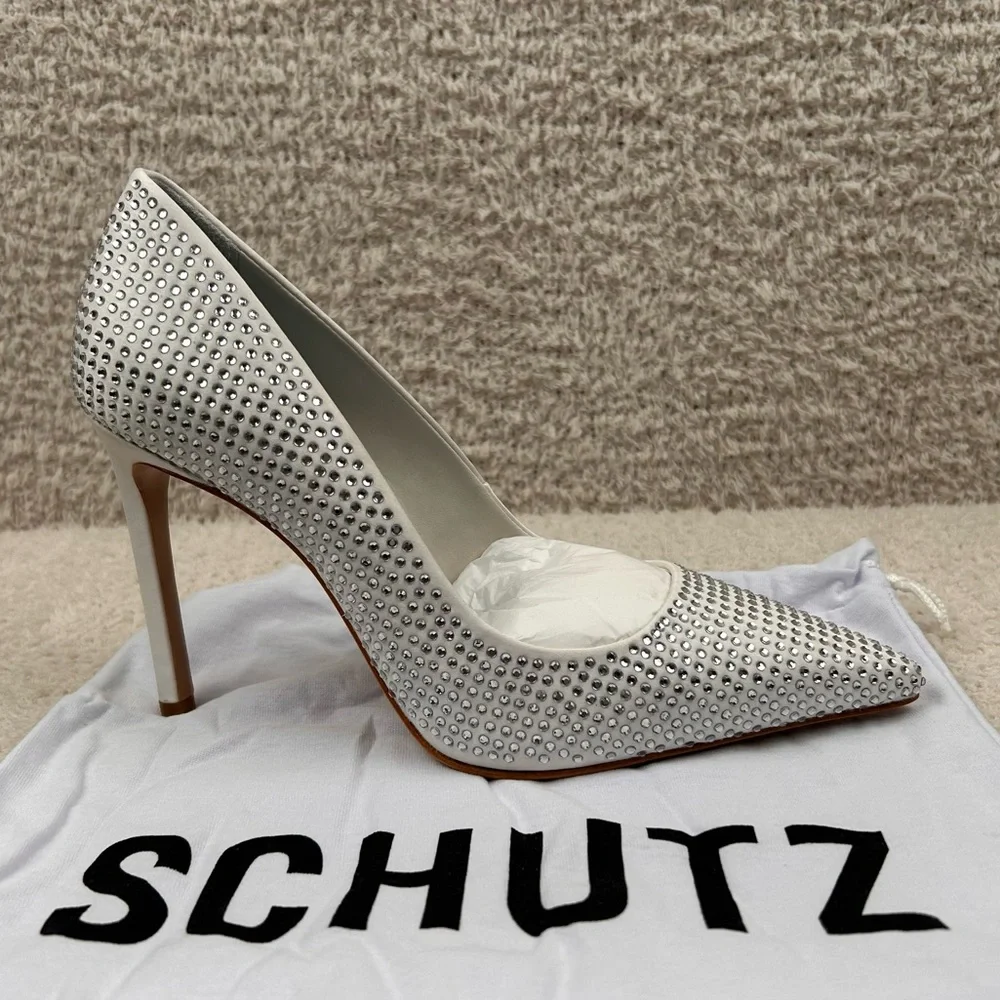 Schutz Heels Womens 7B Lou Crystal White Rhinestones Pointed Toe‎ Bridal Pumps